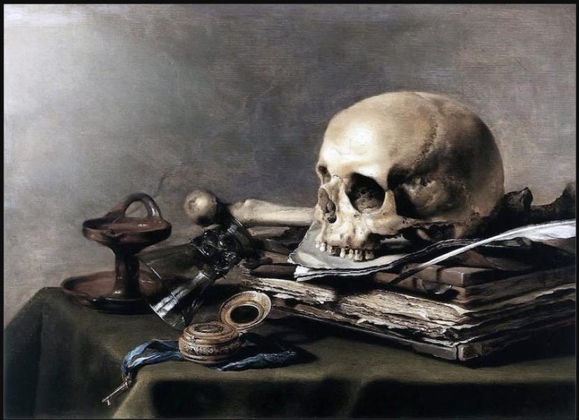 Vanitas Still Life by Pieter Claesz, 1630, featuring a skull, an overturned glass, and an open book