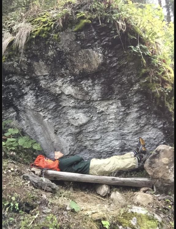 Parker napping on a log at the base of a mossy rock outcropping in the Bernese Oberland