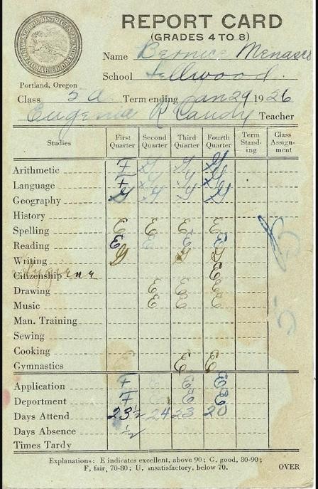A vintage 1926 report card from a Portland, Oregon school
