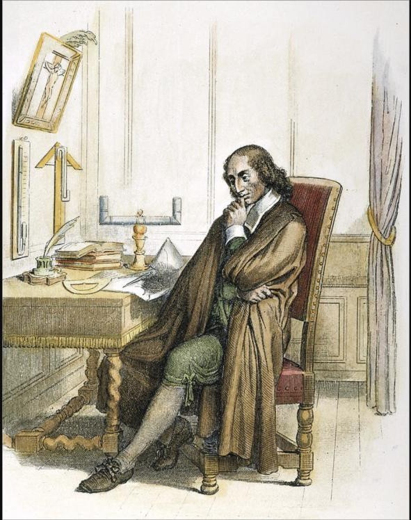 A hand-colored 19th-century engraving of philosopher Blaise Pascal seated in thought at his writing desk